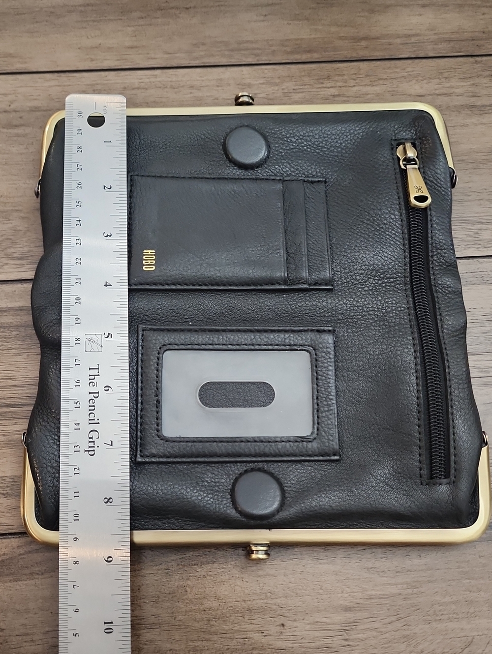 Hobo Classic Black Leather Double-Compartment Clutch with Gold Frame - Picture 6 of 15